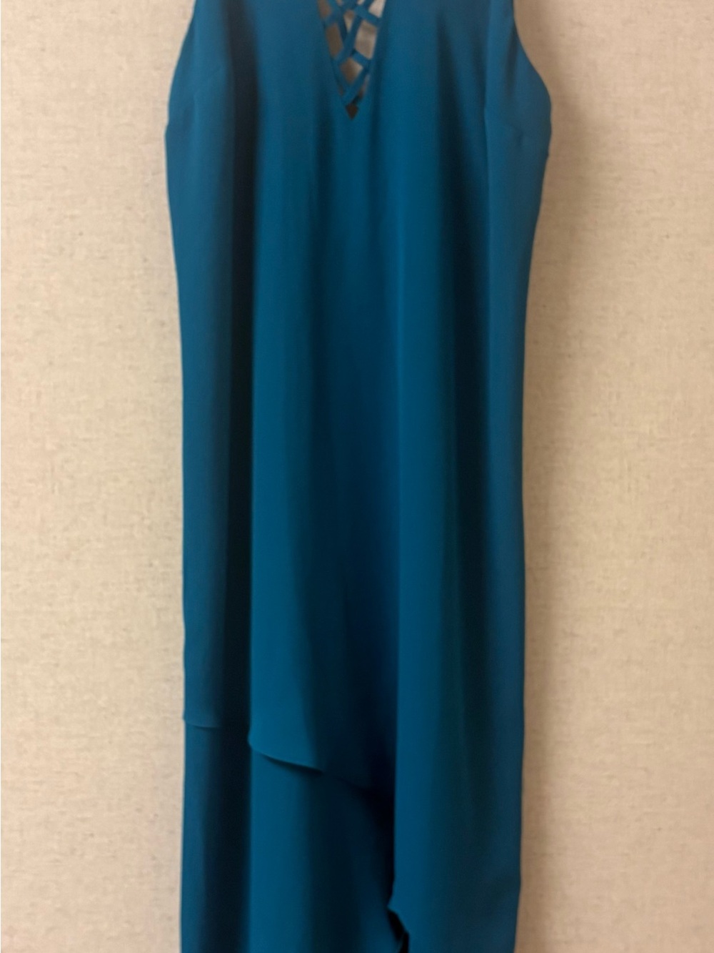 Guess Teal Asymmetrical Maxi Dress with Lattice V-Neck XS